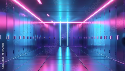 Neon lights illuminate a futuristic hallway with reflective floor.