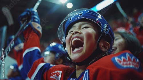 A child in a hockey jersey enthusiastically cheers in a stadium, with others celebrating in the background.