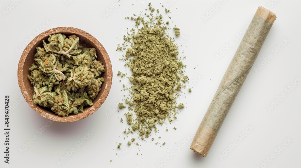 Close-up view of dried cannabis flower bud with smoking pipe cigarette Close-up view of dried cannabis flower bud with smoking pipe cigarette