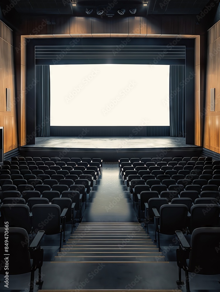 Fototapeta premium Empty theater auditorium with blank screen, ready for a performance or movie.