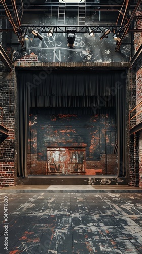 Empty stage with red seats and brick walls in a theater.