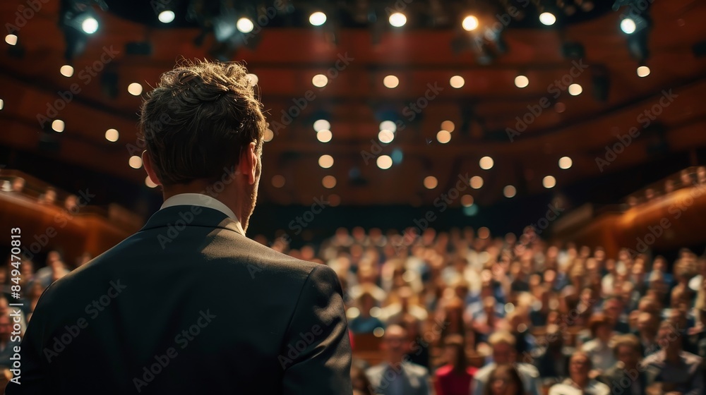Dynamic presentation scene with a businessman in a packed theater, viewed from behind the speaker, showcasing public speaking and influence Dynamic presentation scene with a businessman in a packed theater, viewed from behind the speaker, showcasing public speaking and influence