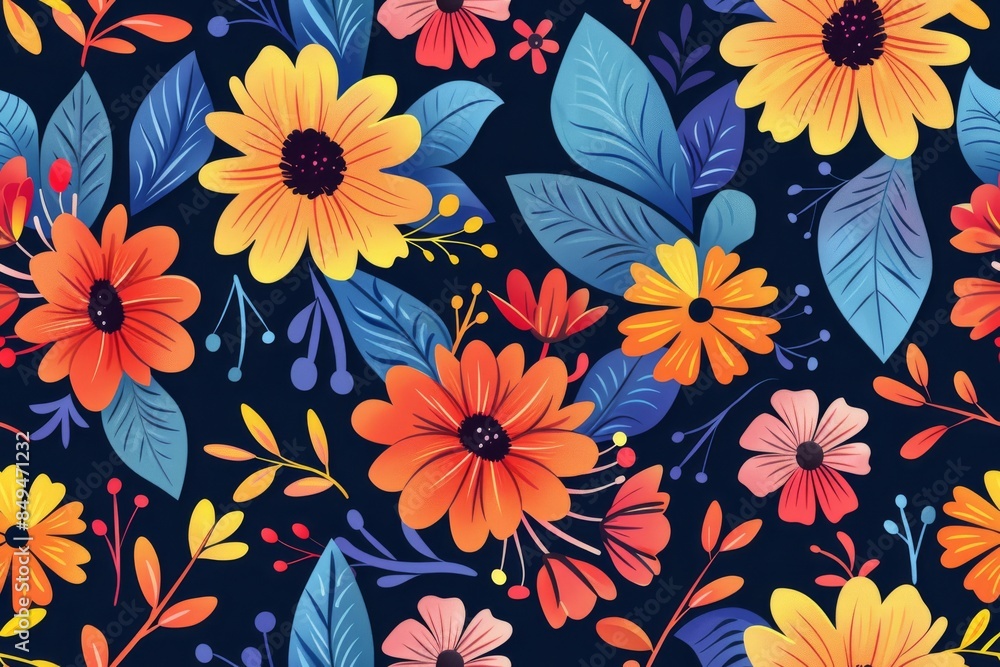 Vibrant Floral Pattern with Blue Leaves Vibrant Floral Pattern with Blue Leaves