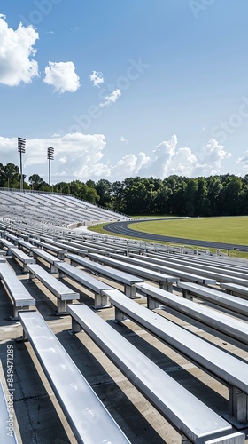 Empty bleachers at a high school sports stadium under a bright blue sky
