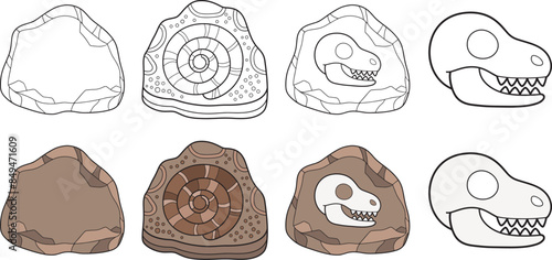 Simple Cartoon Dinosaur Skull And Ammonite Prehistoric Fossil in a Rock Clipart Set - Outline and Color