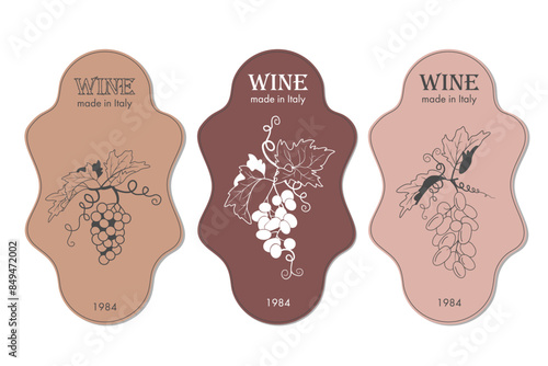 set of wine label designs minimalistic and modern design in powdery shades. Image of grape bunches