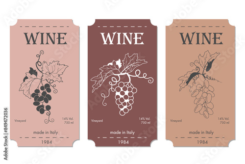 set of wine label designs minimalistic and modern design in powdery shades. Image of grape bunches