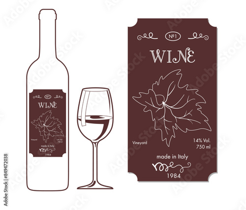 Wine label in a minimalist modern design on a dark burgundy background. Image of bunches of grapes. Vector wine bottle and glass
