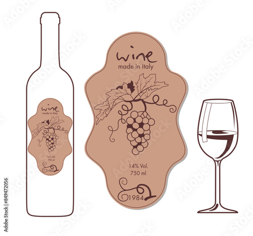 Wine label in a minimalist modern design on a dark burgundy background. Image of bunches of grapes. Vector wine bottle and glass