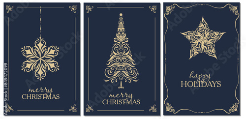 Traditional corporate holiday cards on a blue background with a Christmas gold tree made of curls and monograms. star, snowflake, copy space. Universal art templates.