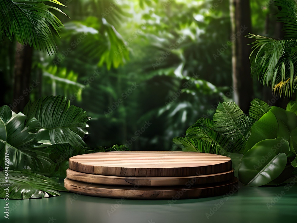 Natural Wooden Podium in Exotic Tropical Forest for Product Presentation Natural Wooden Podium in Exotic Tropical Forest for Product Presentation