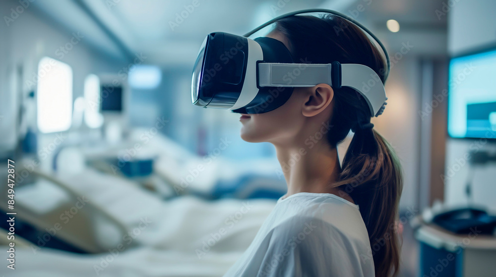 Patient standing in the patient room and wearing virtual reality headsets while hospitalized, medical technology and healthcare innovation. Patient standing in the patient room and wearing virtual reality headsets while hospitalized, medical technology and healthcare innovation.