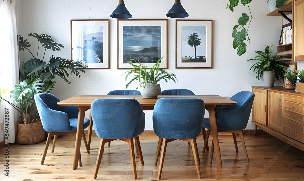 Fototapeta premium Blue chairs around a wooden dining table in a white room with a sideboard and plants. Scandinavian home interior design ai generative