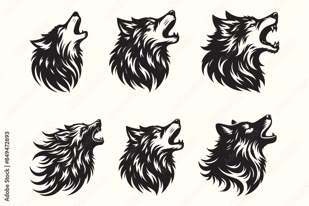 Set of Wolf's head Howling silhouettes vector illustration. Black and white Set of Wolf's head Howling silhouettes vector illustration. Black and white