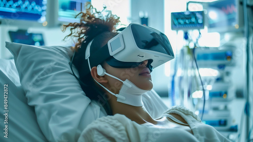 Patient wear virtual reality headsets while hospitalized, medical technology and healthcare innovation.