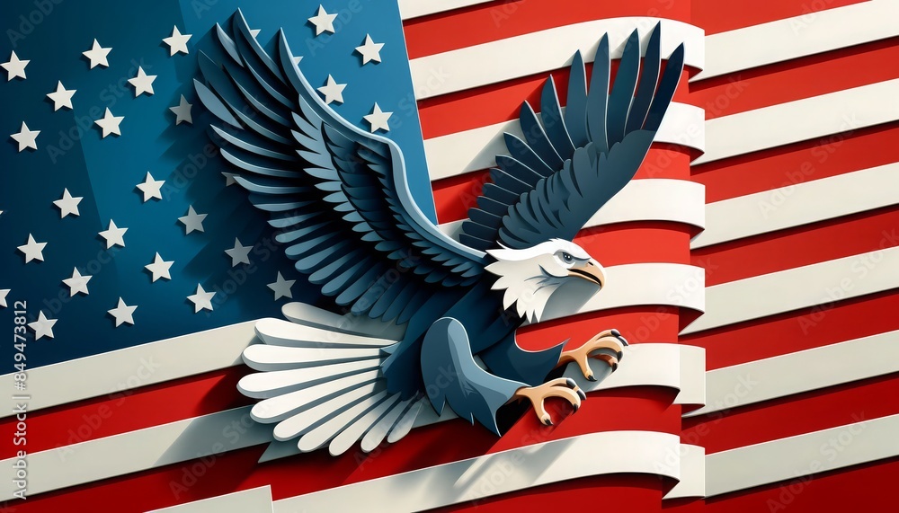 Patriotic Bald Eagle Soaring with American Flag Paper Cutout Background Patriotic Bald Eagle Soaring with American Flag Paper Cutout Background