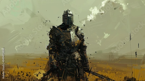 Medieval knight in dark armor standing in a field with a sword, cloudy sky in the background, showcasing a historical and epic atmosphere.