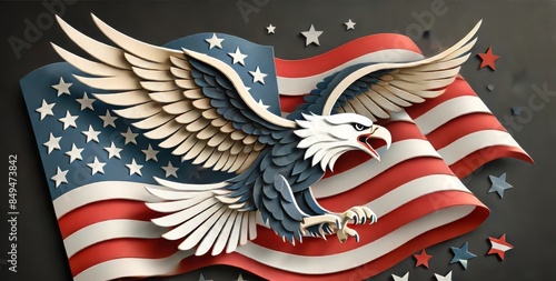 Artwork featuring a bald eagle in mid-flight with an American flag background in a paper cutout style against a black background