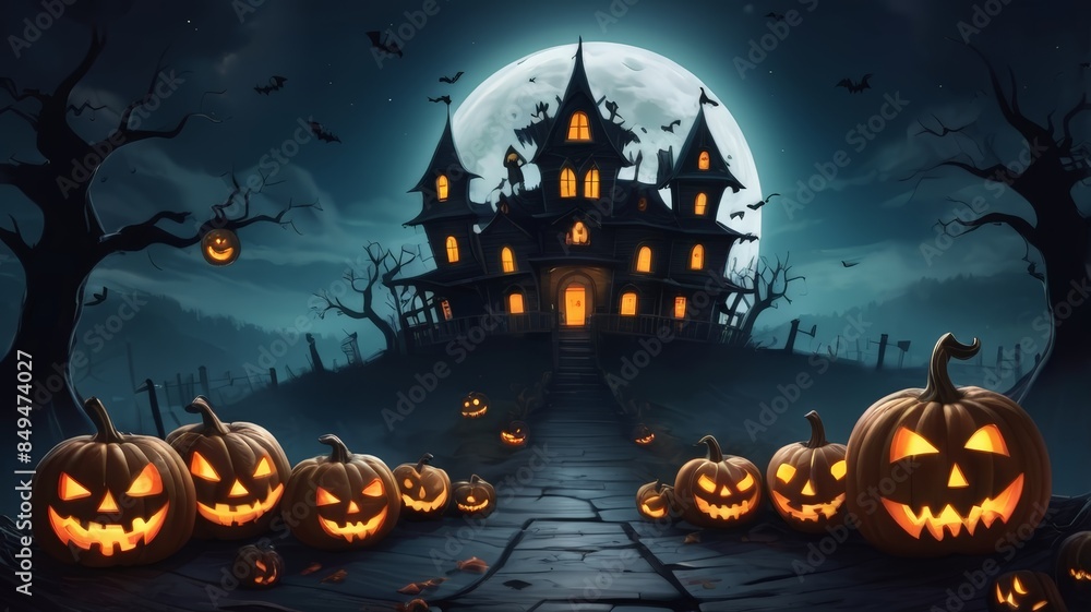 Haunted house at Halloween with moon and bats at night as scary background illustration. Halloween Spooky House Haunted house at Halloween with moon and bats at night as scary background illustration. Halloween Spooky House