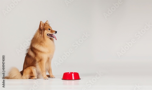 Finnish Spitz sitting on the ground with its tongue out and looking up at an empty red dog bowl placed in front of it

