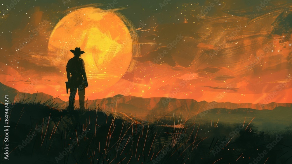Fototapeta premium Horizontal banner. World ranger day. A ranger in the mountains at sunset inspects the territory of the reserve. Protecting nature, helping tourists