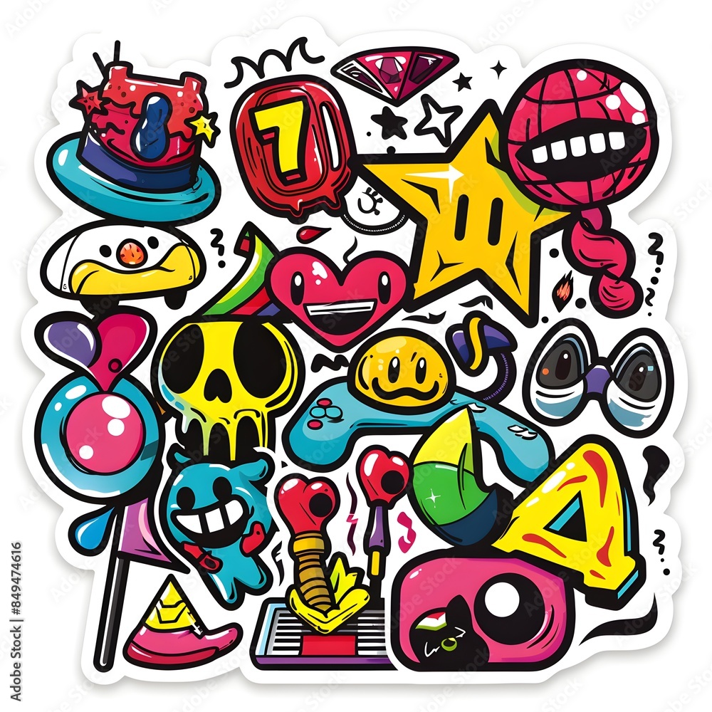 Fototapeta premium illustration of a guitar,A collection of colorful and quirky handdrawn digital stickers,Desain Sticker Photos,