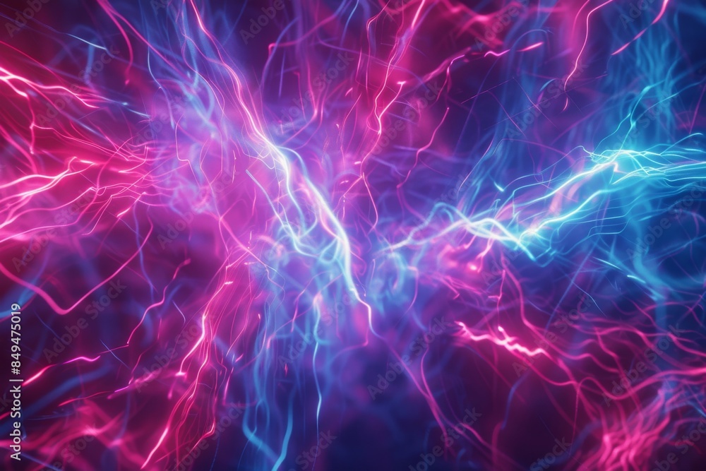 Obraz premium A vibrant 3D abstract background filled with dynamic electric neon streaks, exuding kinetic energy and excitement.