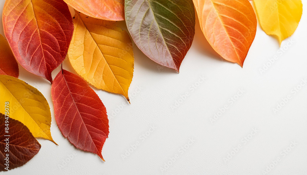 Fallen colorful leaves on white. Autumn season. Beautiful nature. Seasonal decoration. Top view. Fallen colorful leaves on white. Autumn season. Beautiful nature. Seasonal decoration. Top view.