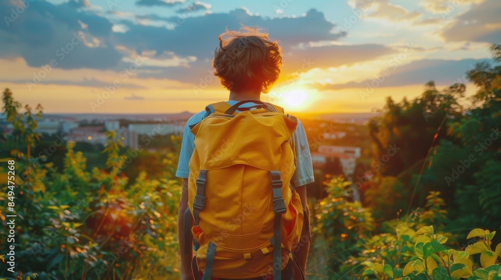 A backpacker with a yellow backpack is hiking towards a breathtaking sunset, surrounded by lush greenery and an expansive sky. The scene exudes tranquility and adventure. A backpacker with a yellow backpack is hiking towards a breathtaking sunset, surrounded by lush greenery and an expansive sky. The scene exudes tranquility and adventure.