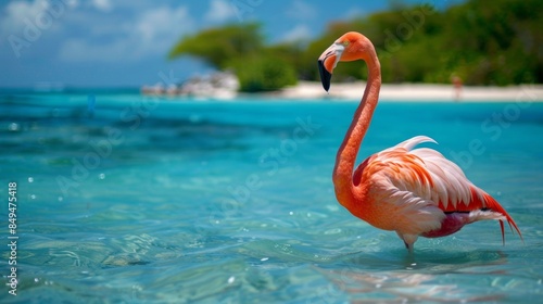Pink flamingo in blue water of tropic resort