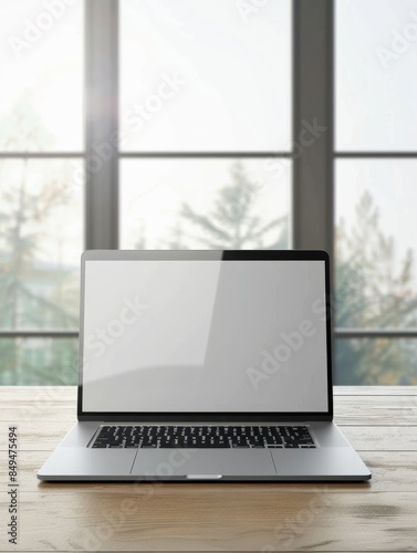 A laptop computer placed on a wooden table, suitable for technology and workspace concepts © Business Pics