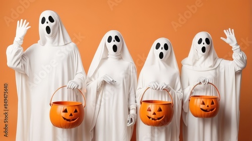 People wear ghost clothes to commemorate Halloween in orange background photo