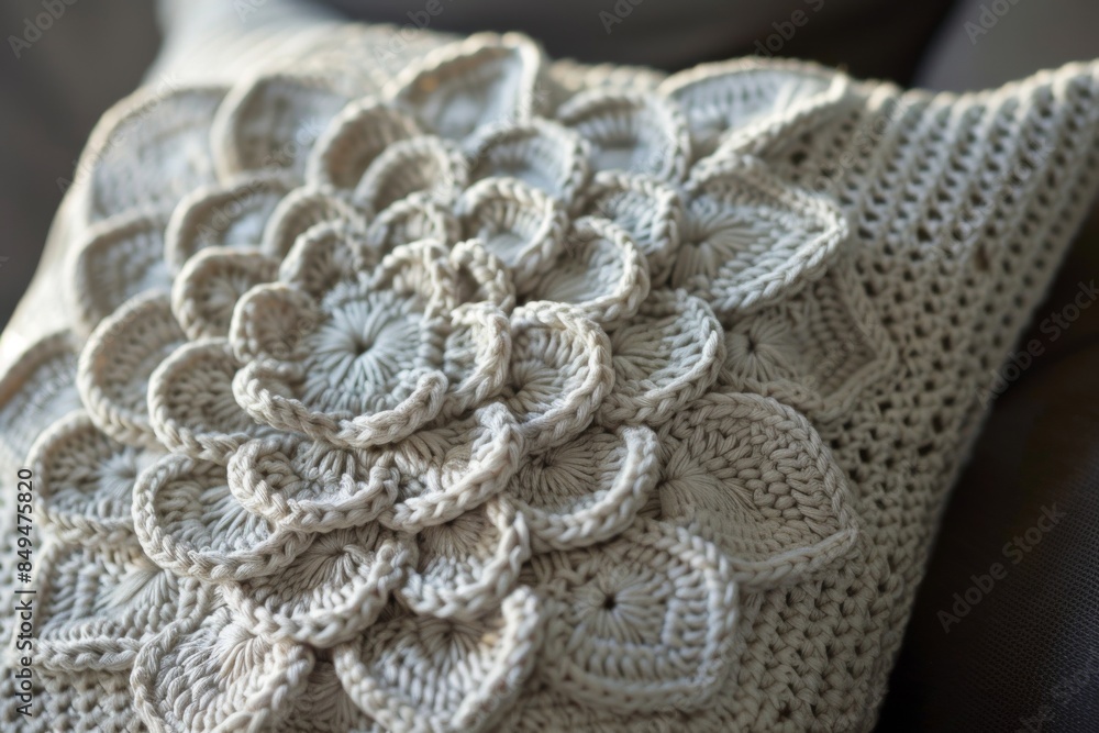 Obraz premium Indulge in the exquisite craftsmanship of this intricately designed crochet pillow, featuring a stunning 3D texture that adds depth and elegance to any space.