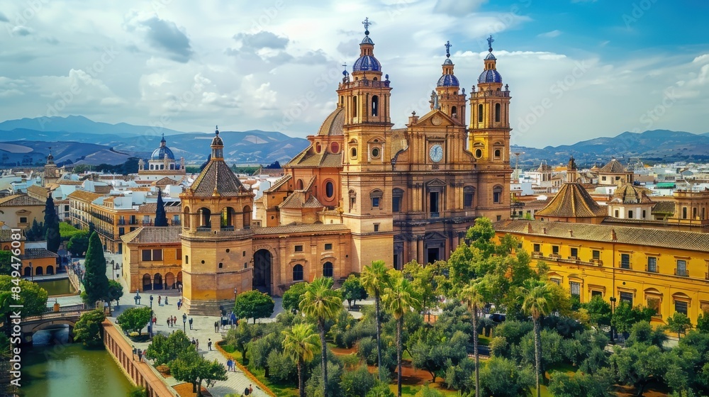 Fototapeta premium Aerial view of the Cordoba Cathedral-Mosque and the Roman bridge surrounded by lush greenery, with scenic mountains and a vibrant cityscape in the background.