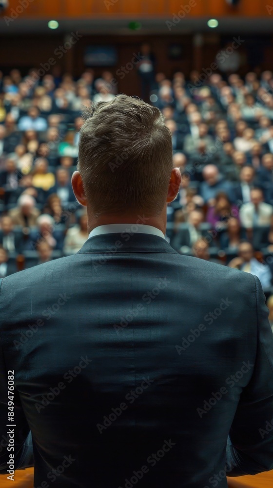 A CEO addresses a large audience during an annual meeting. The view is from behind the CEO, capturing the focused attention of the crowd in a formal setting. A CEO addresses a large audience during an annual meeting. The view is from behind the CEO, capturing the focused attention of the crowd in a formal setting.