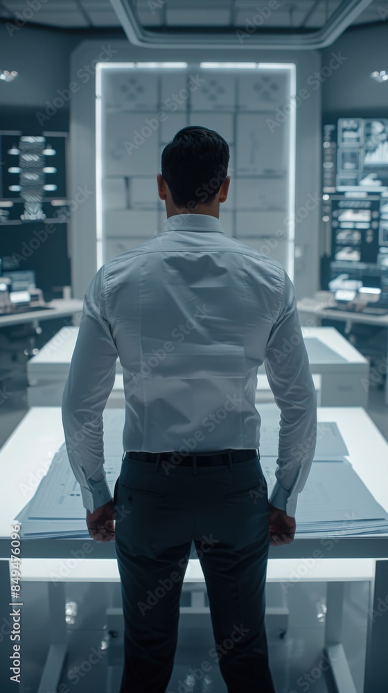 An architect stands at a table, reviewing blueprints in a modern, well-lit office filled with screens and technical drawings.