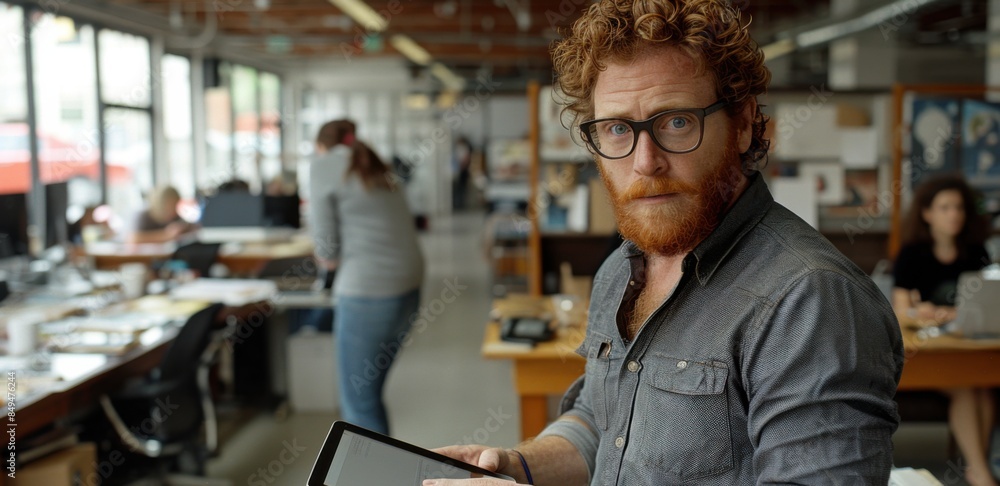 A tech-savvy professional with curly red hair and glasses holds a digital tablet in a modern, open-plan office. The office is busy with people working at desks in the background. A tech-savvy professional with curly red hair and glasses holds a digital tablet in a modern, open-plan office. The office is busy with people working at desks in the background.