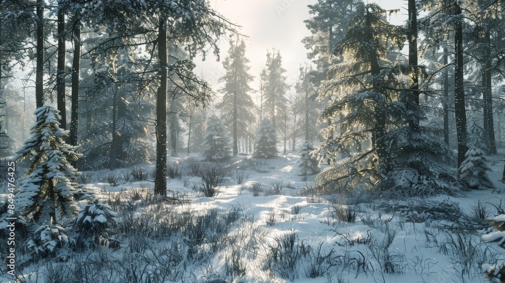 Obraz premium Sunlight Through Winter Trees. Serene snowy forest landscape.