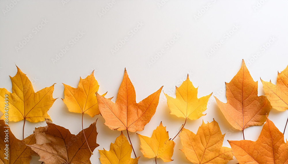 Fallen colorful leaves on white. Autumn season. Beautiful nature. Seasonal decoration. Top view. Fallen colorful leaves on white. Autumn season. Beautiful nature. Seasonal decoration. Top view.