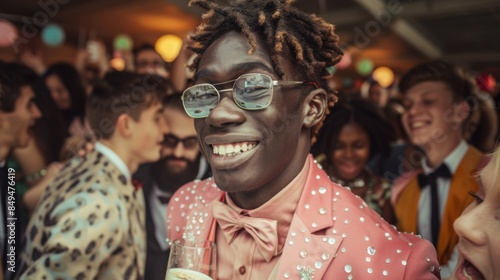 A lively retro dance party with friends dressed in vibrant outfits. Everyone is dancing and having a great time, capturing the joyful essence of the moment. © neatlynatly