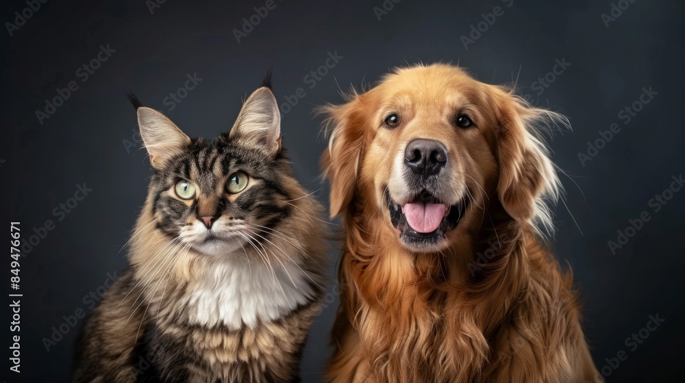 Happy Golden retriever dog and blue Maine Coon cat looking at camera, Isolated on grey background Happy Golden retriever dog and blue Maine Coon cat looking at camera, Isolated on grey background
