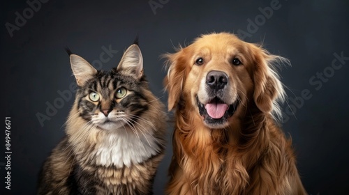 Happy Golden retriever dog and blue Maine Coon cat looking at camera, Isolated on grey background