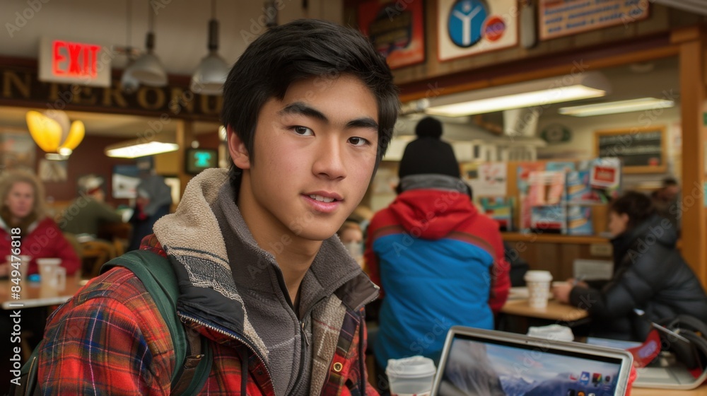 A focused entrepreneur in a busy cafe is working on a laptop, surrounded by people and a cozy atmosphere. A focused entrepreneur in a busy cafe is working on a laptop, surrounded by people and a cozy atmosphere.