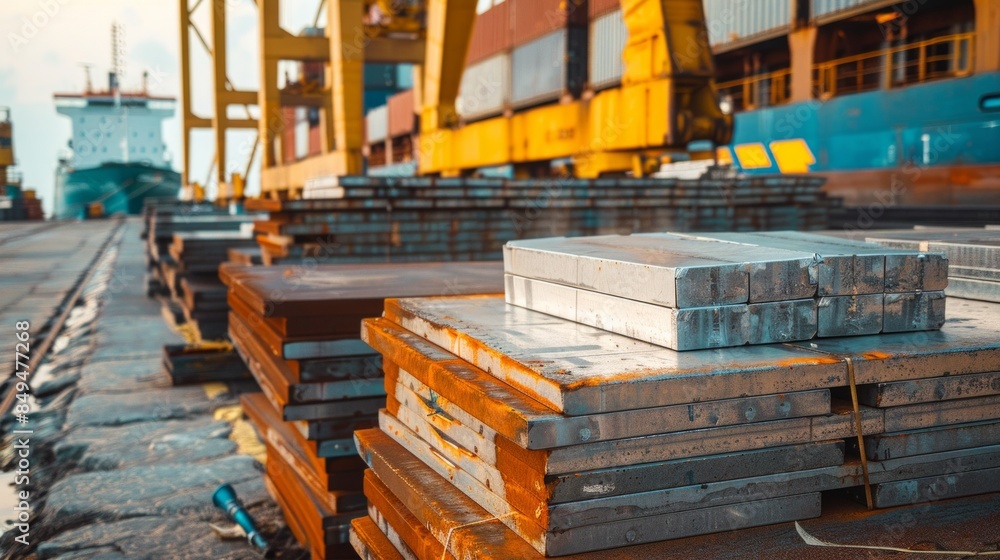 Naklejka premium Port warehouse and vessel boarding - mooring operations in seaport. Global shipping and delivery