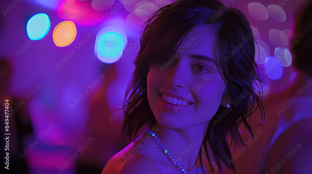 A woman smiles at a retro dance party with vibrant, colorful lighting and out-of-focus background, creating a nostalgic atmosphere. A woman smiles at a retro dance party with vibrant, colorful lighting and out-of-focus background, creating a nostalgic atmosphere.