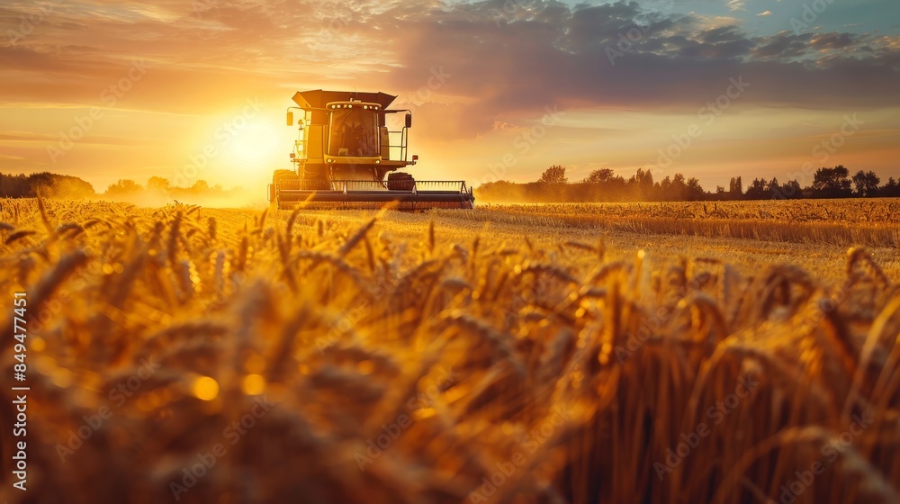 Fototapeta premium Golden wheat field at sunset with combine harvester and tractor, summer harvest silhouette
