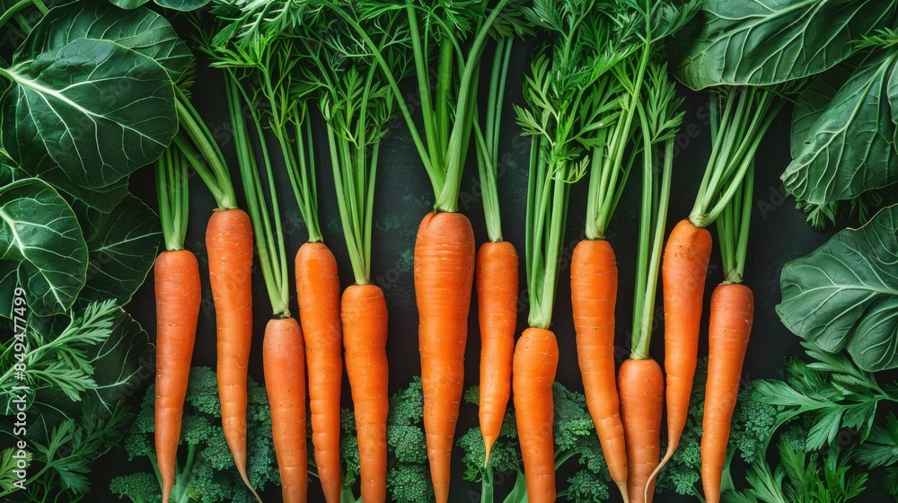 An overhead view of freshly harvested carrots with vibrant green tops, arranged neatly in a row with leafy greens, showcasing their natural freshness and organic appeal. An overhead view of freshly harvested carrots with vibrant green tops, arranged neatly in a row with leafy greens, showcasing their natural freshness and organic appeal.