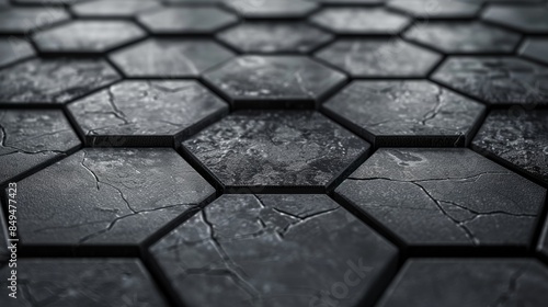 Geometric hexagonal tiles, black and grey minimalist design, top perspective, uniform texture, soft light and shadow play