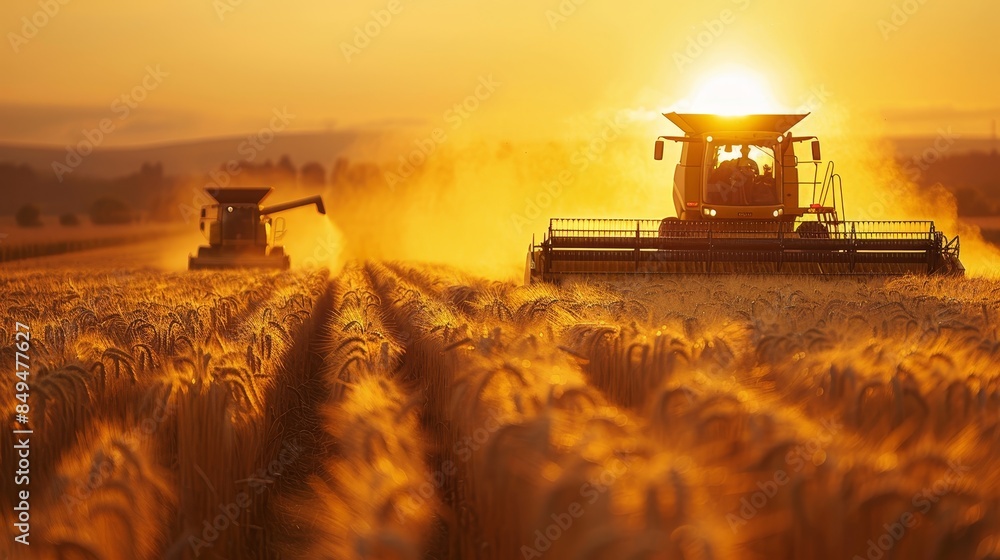Fototapeta premium Harvesting wheat at sunset, Combine and tractor in golden field, stunning silhouette scene