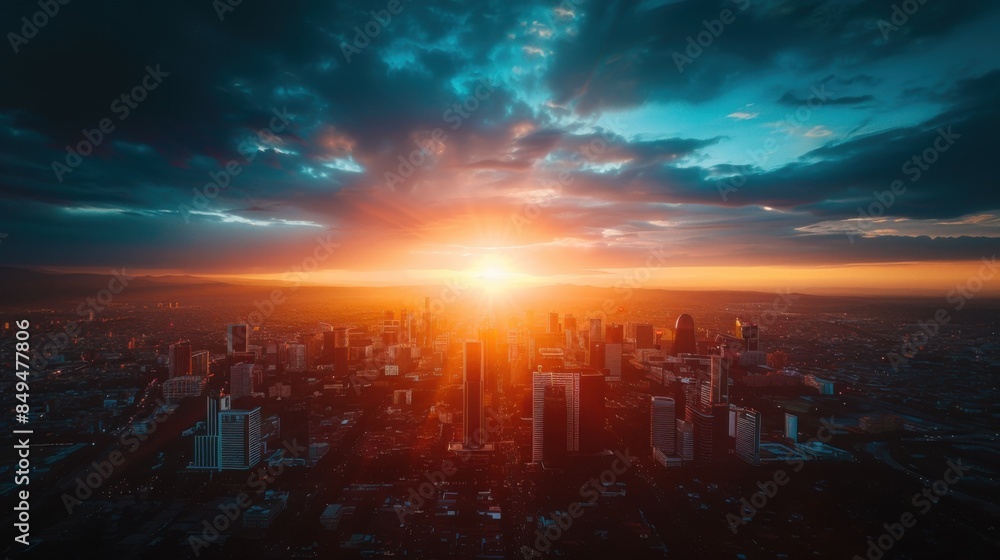 A breathtaking aerial drone view captures the Manacar building and city skyline at sunset, with vibrant colors illuminating the urban landscape beneath a dramatic sky. A breathtaking aerial drone view captures the Manacar building and city skyline at sunset, with vibrant colors illuminating the urban landscape beneath a dramatic sky.